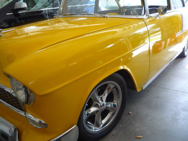 YELLOW/WHITE 1955 Chevrolet Bel Air/150/210 Sedan with Gray interior