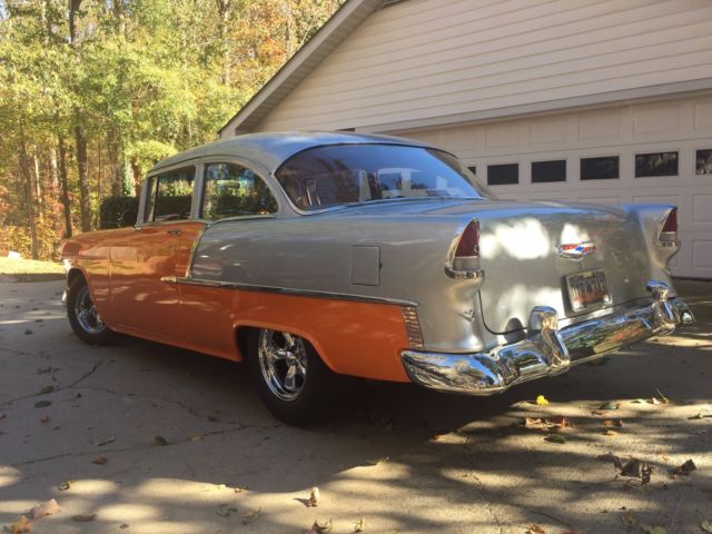 Orange/Silver 1955 Chevrolet Bel Air/150/210 Coupe with Brown interior