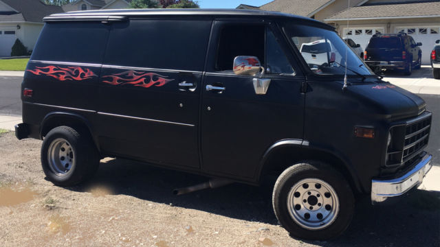 Hot Rod Black Flat Primer 1979 Chevrolet G20 Van Van Camper Conversion with Brown interior