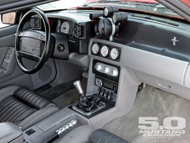 Custom Wild Strawberry with Candy Orange Flames 1991 Ford Mustang Hatchback with Gray interior