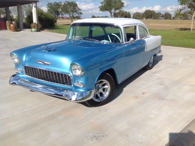Blue and White 1955 Chevrolet Bel Air/150/210 Coupe with Blue interior