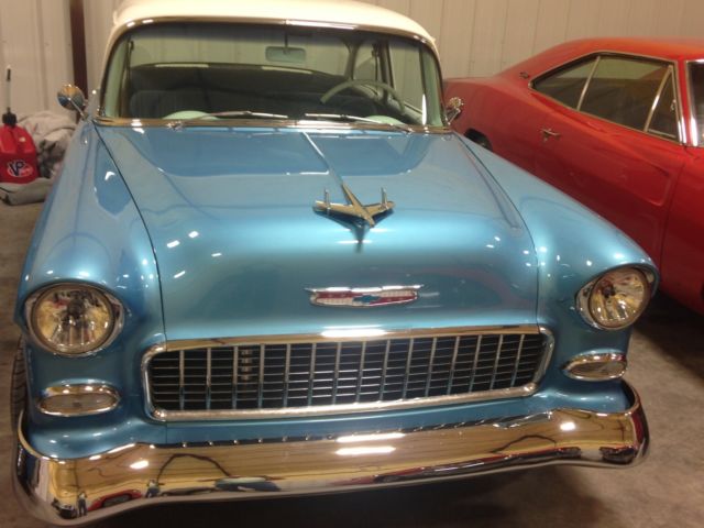 Blue and White 1955 Chevrolet Bel Air/150/210 Coupe with Blue interior