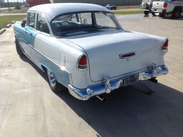 Blue and White 1955 Chevrolet Bel Air/150/210 Coupe with Blue interior