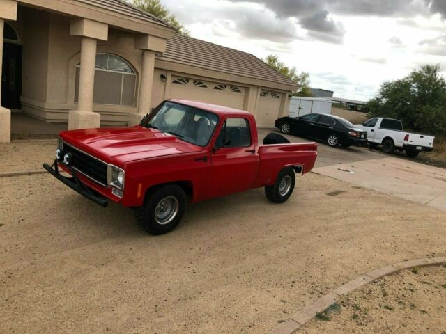 red with black trim 1978 Chevrolet C-10 short bed with black interior