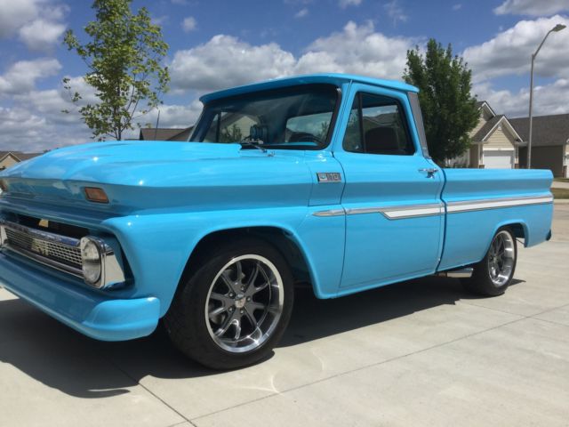 blue 1965 Chevrolet C-10 SB pickup with Tan interior