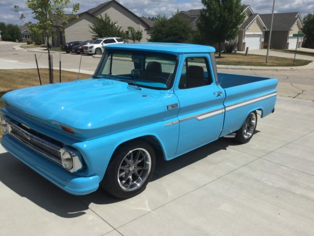 blue 1965 Chevrolet C-10 SB pickup with Tan interior