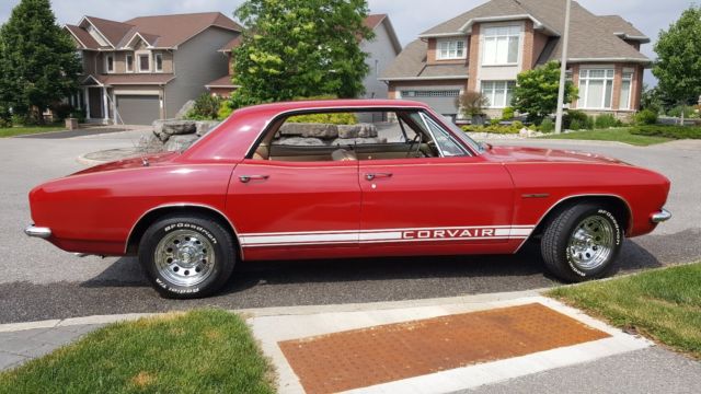 Red 1965 Chevrolet Corvair Sedan with White interior