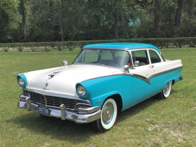 Blue and White 1956 Ford Fairlane Sedan with Gray and White interior