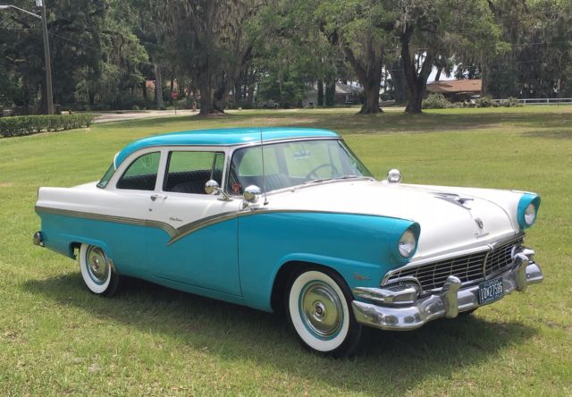 Blue and White 1956 Ford Fairlane Sedan with Gray and White interior