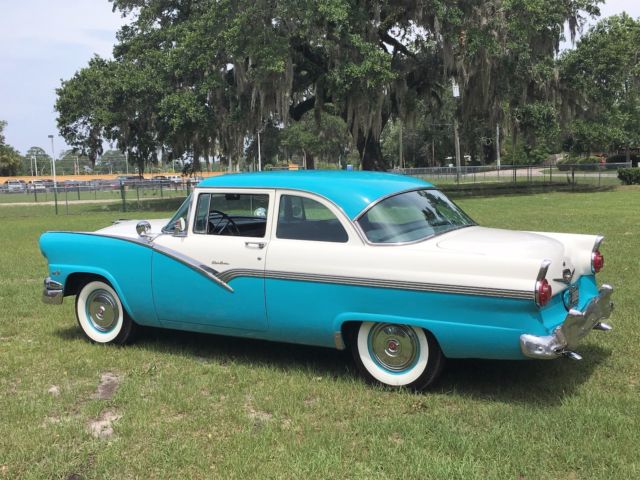 Blue and White 1956 Ford Fairlane Sedan with Gray and White interior